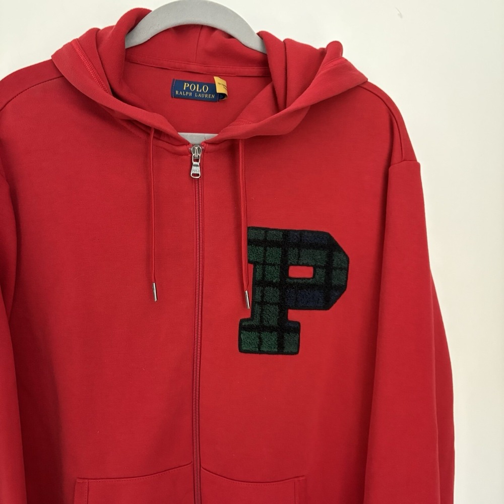 Polo Ralph Lauren Tartan Plaid P Patch Varsity Hoodie Sweatshirt Red Men's LG
